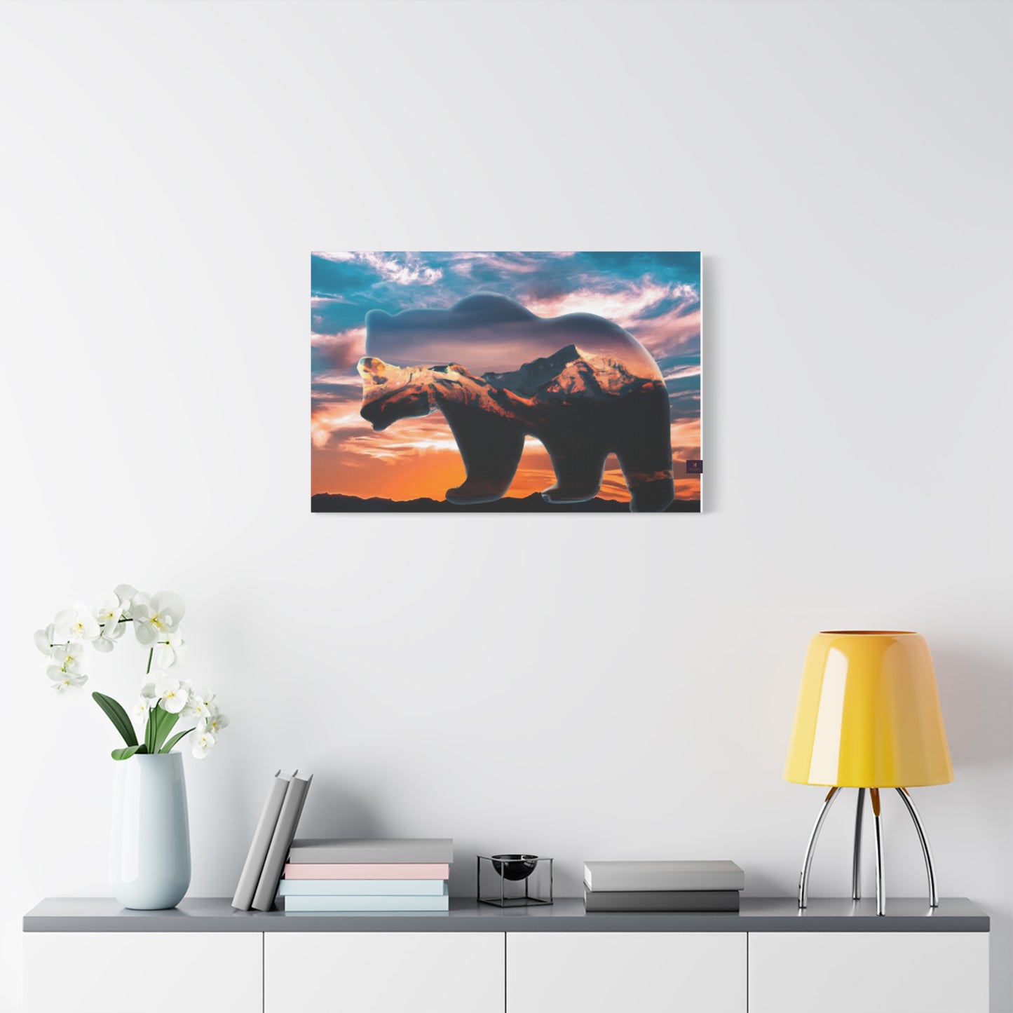 Stretched Canvas Wall Art - Bear Silhouette with Mountain Sunset