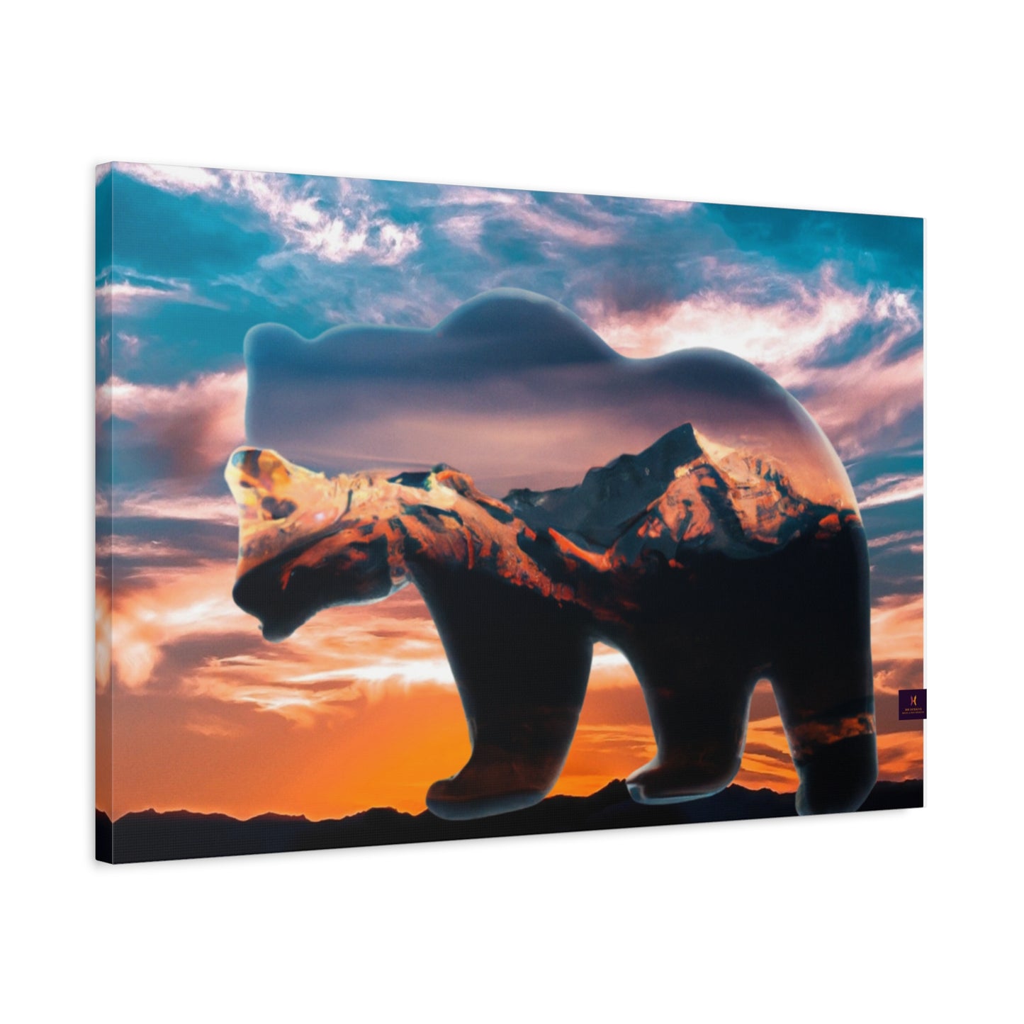 Stretched Canvas Wall Art - Bear Silhouette with Mountain Sunset