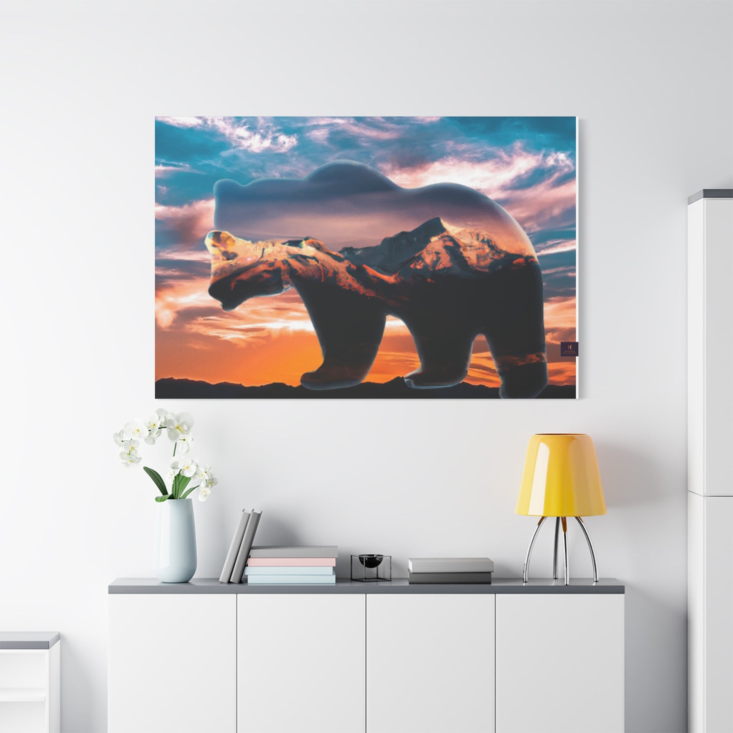 Stretched Canvas Wall Art - Bear Silhouette with Mountain Sunset