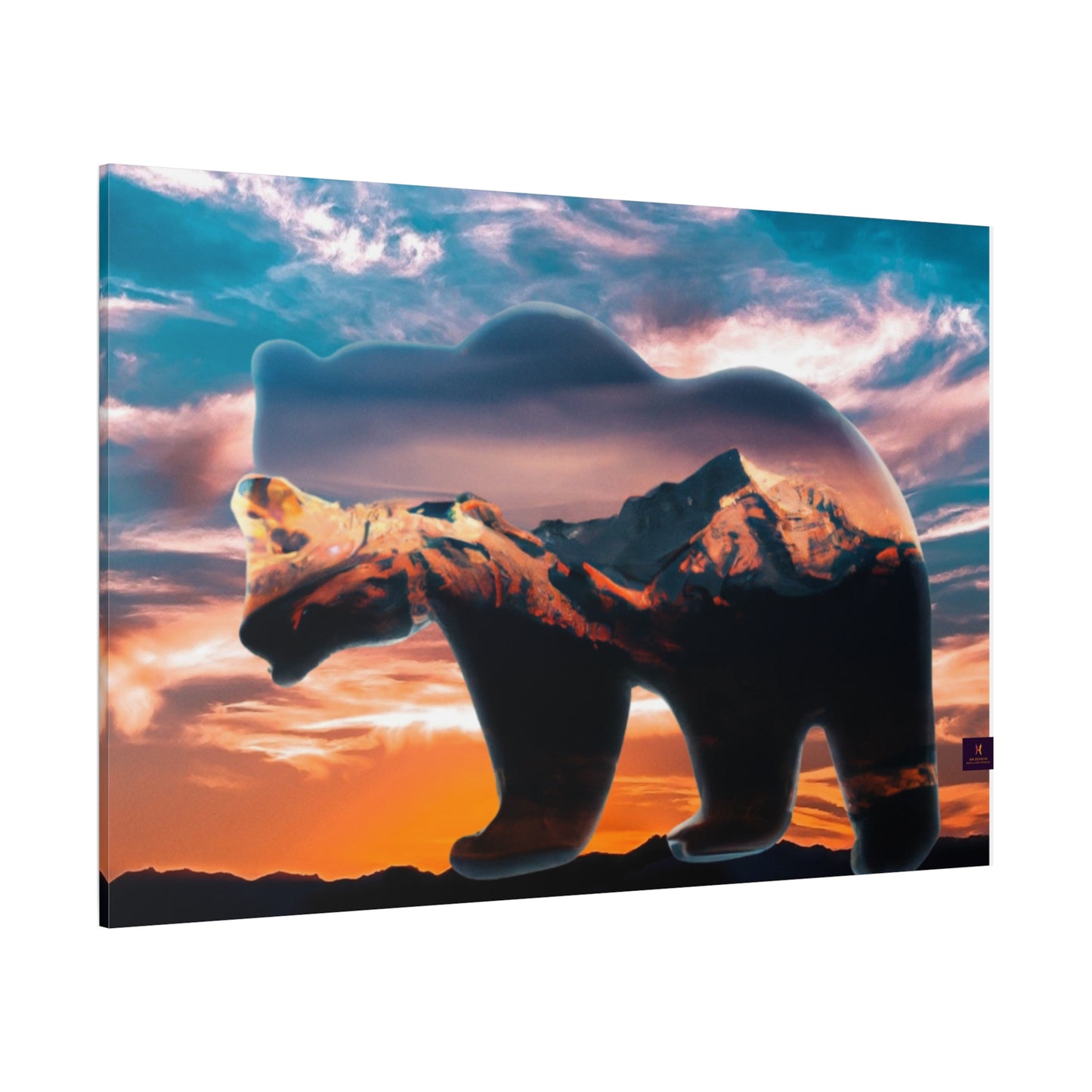 Stretched Canvas Wall Art - Bear Silhouette with Mountain Sunset