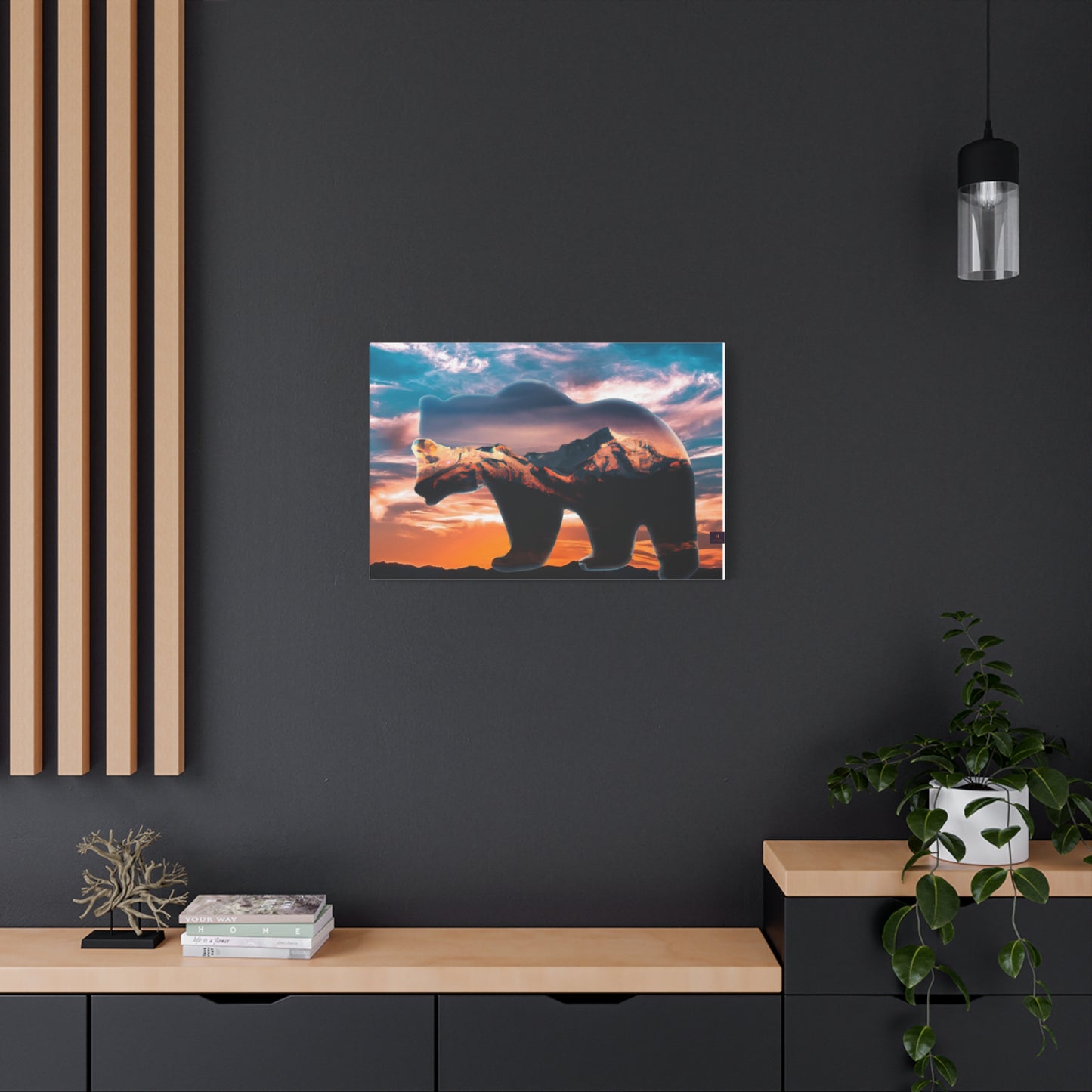 Stretched Canvas Wall Art - Bear Silhouette with Mountain Sunset