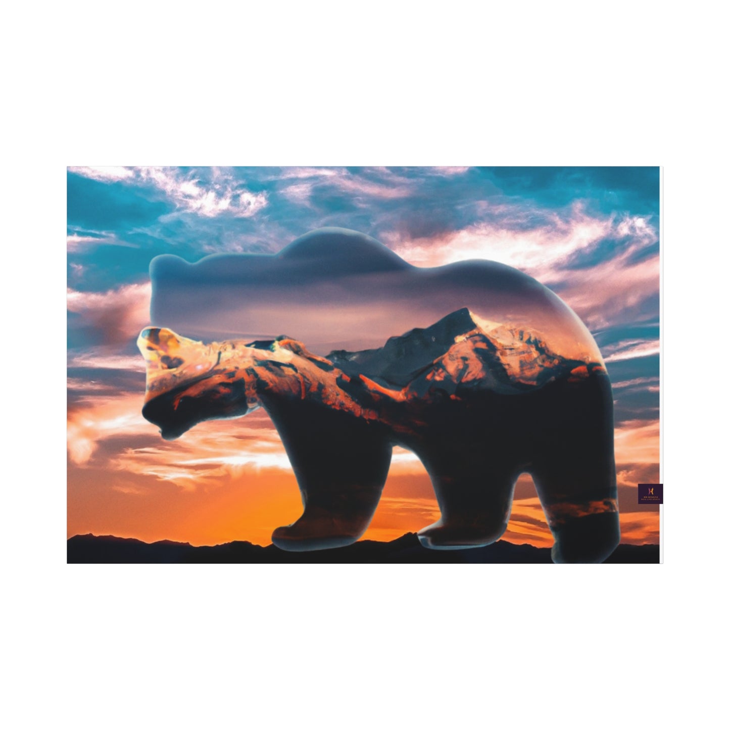 Stretched Canvas Wall Art - Bear Silhouette with Mountain Sunset