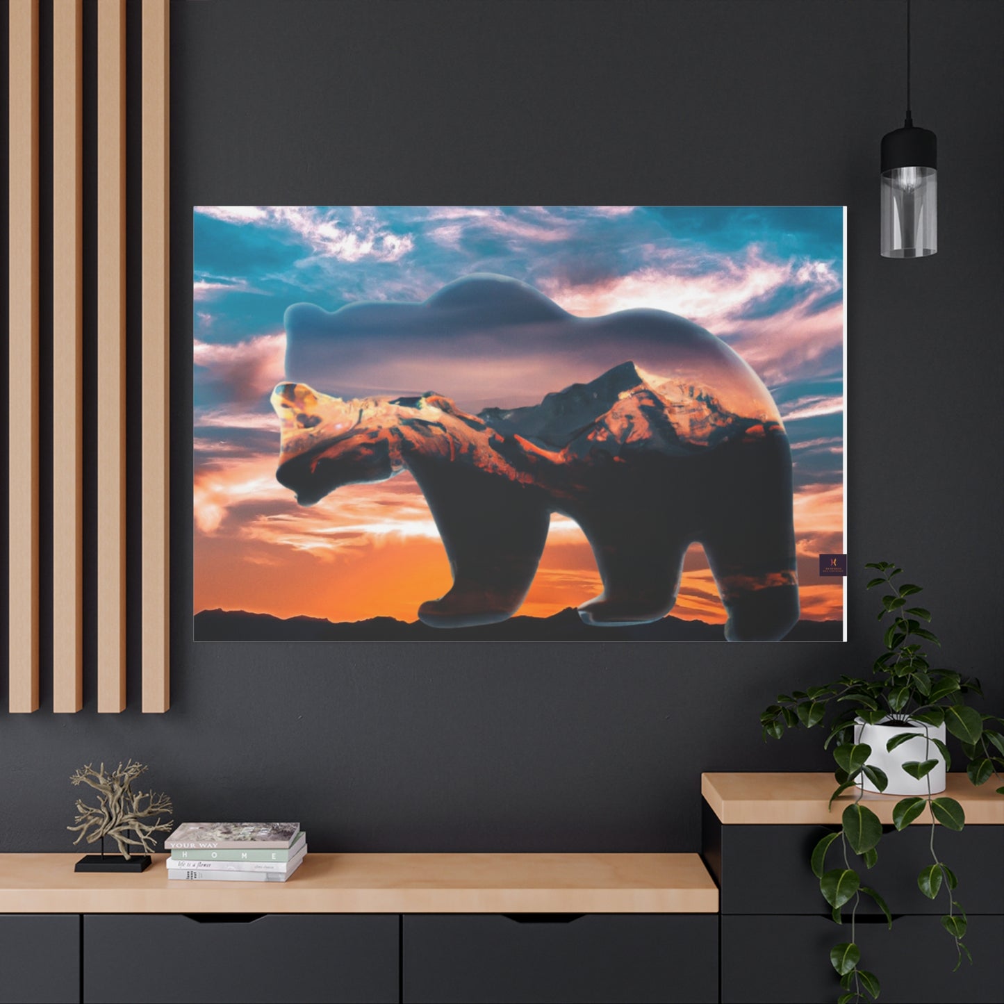 Stretched Canvas Wall Art - Bear Silhouette with Mountain Sunset