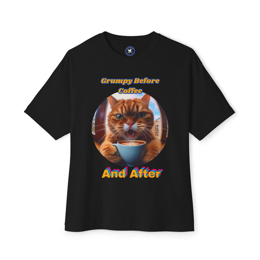 Grumpy Cat Coffee Tee - Unisex Oversized Boxy Shirt for Cat Lovers