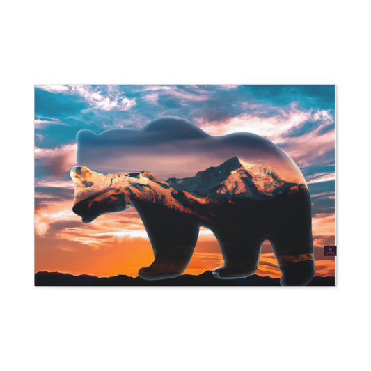 Stretched Canvas Wall Art - Bear Silhouette with Mountain Sunset